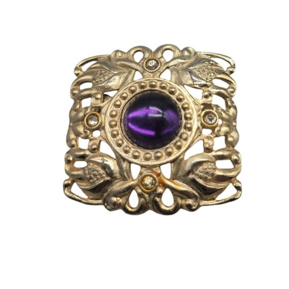 Art Nouveau Brooch Gold Plated Large Purple Small Clear Rhinestones - Picture 1 of 6